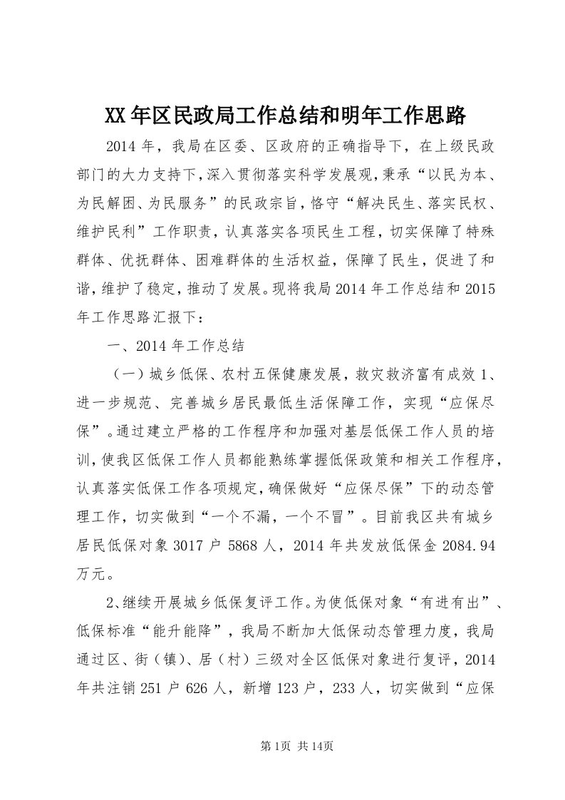 4某年区民政局工作总结和明年工作思路