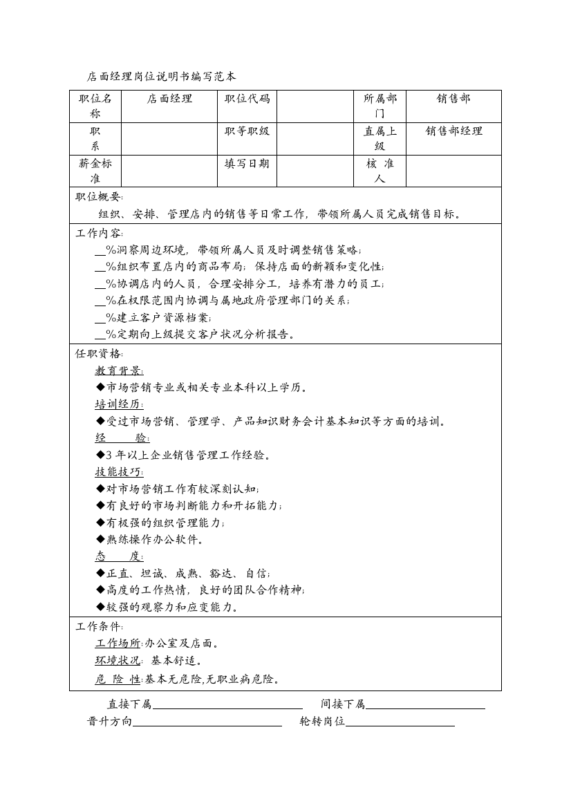 店面经理岗位说明书编写范本