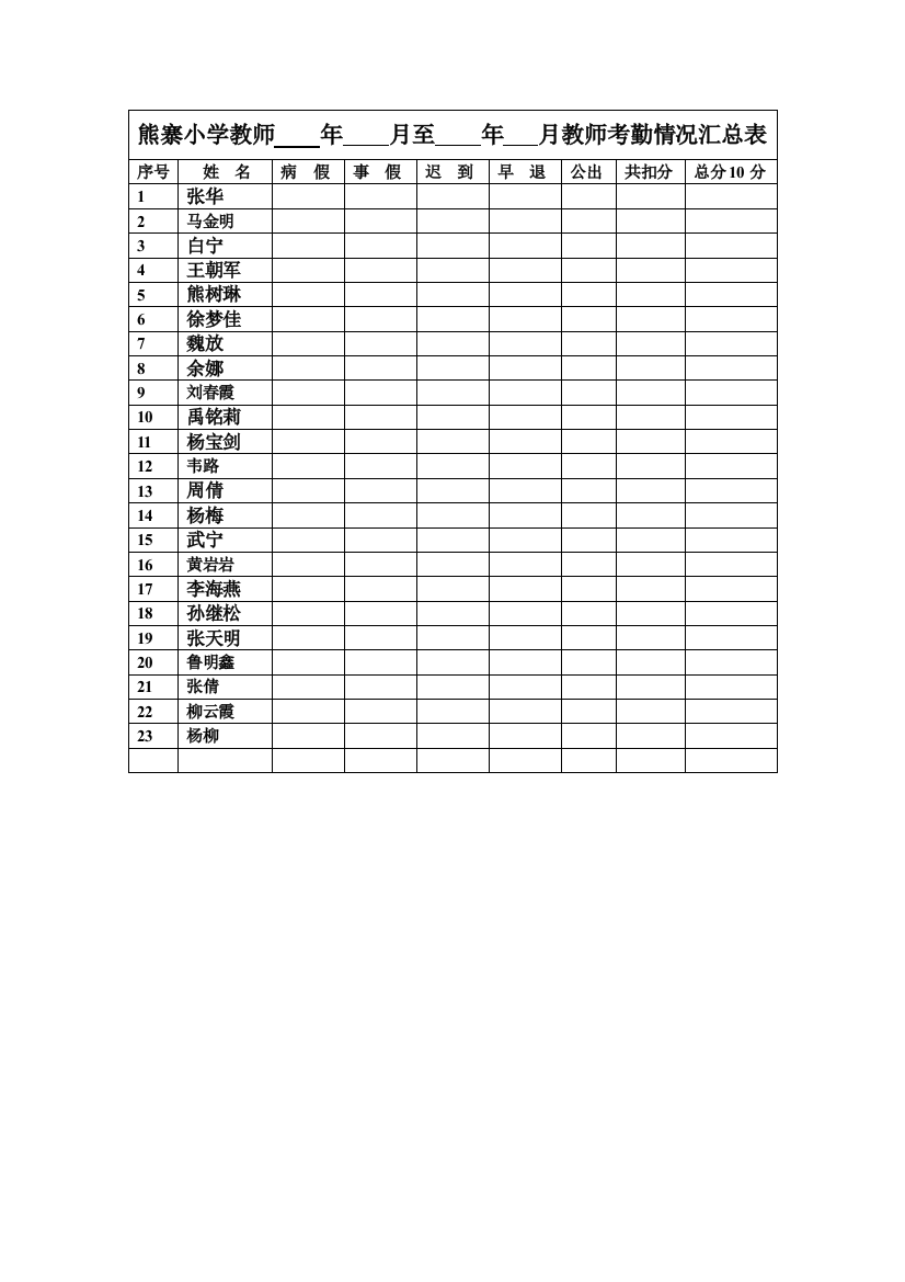 教师考勤情况汇总表