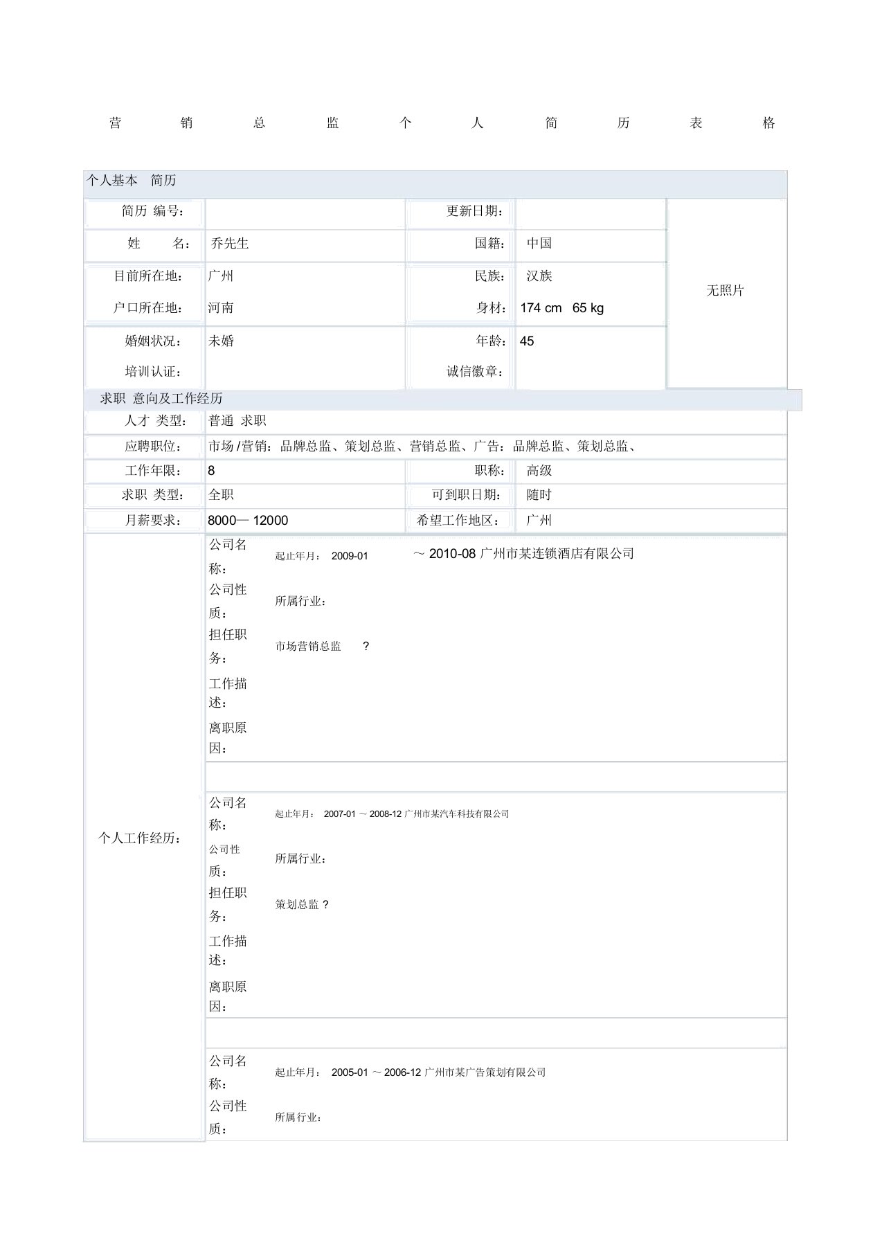 营销总监个人简历表格