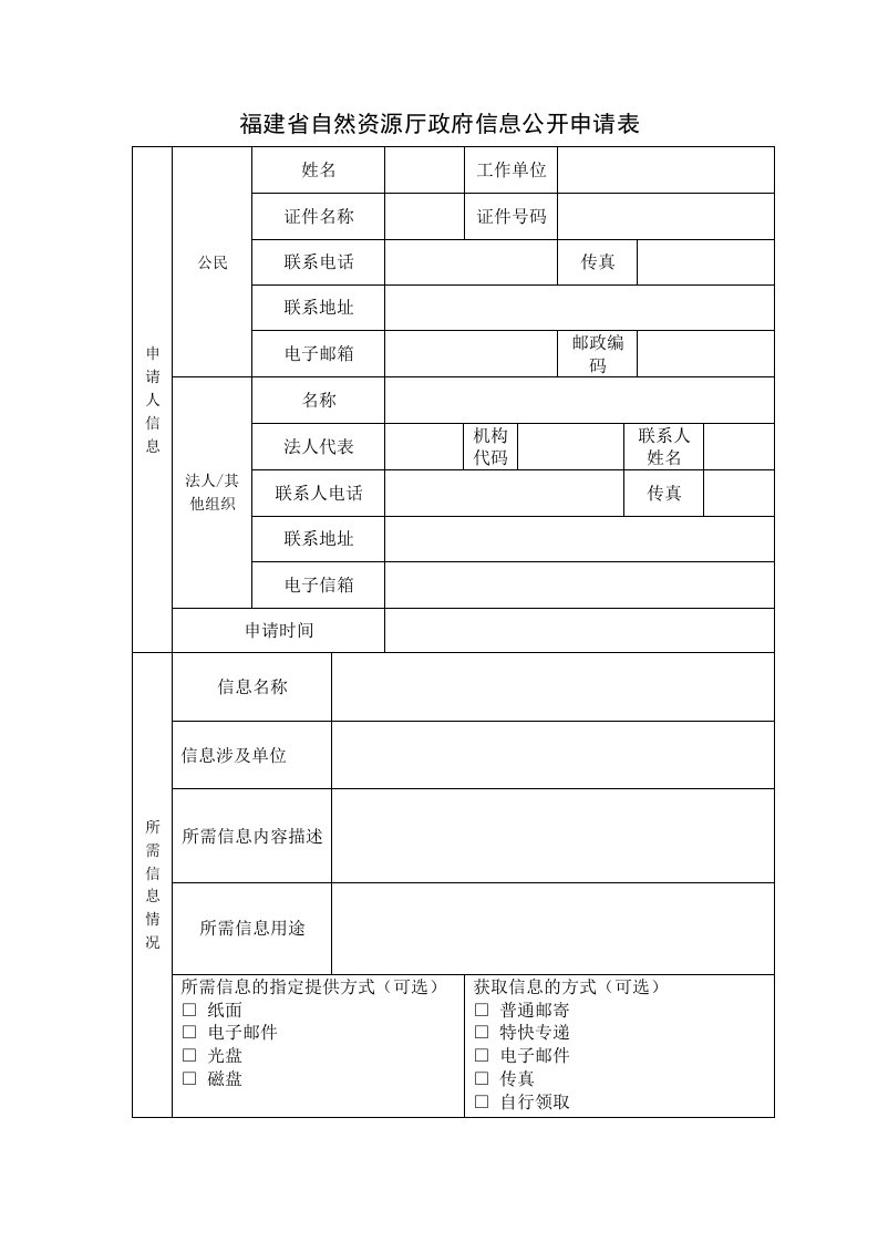 福建省自然资源厅政府信息公开申请表