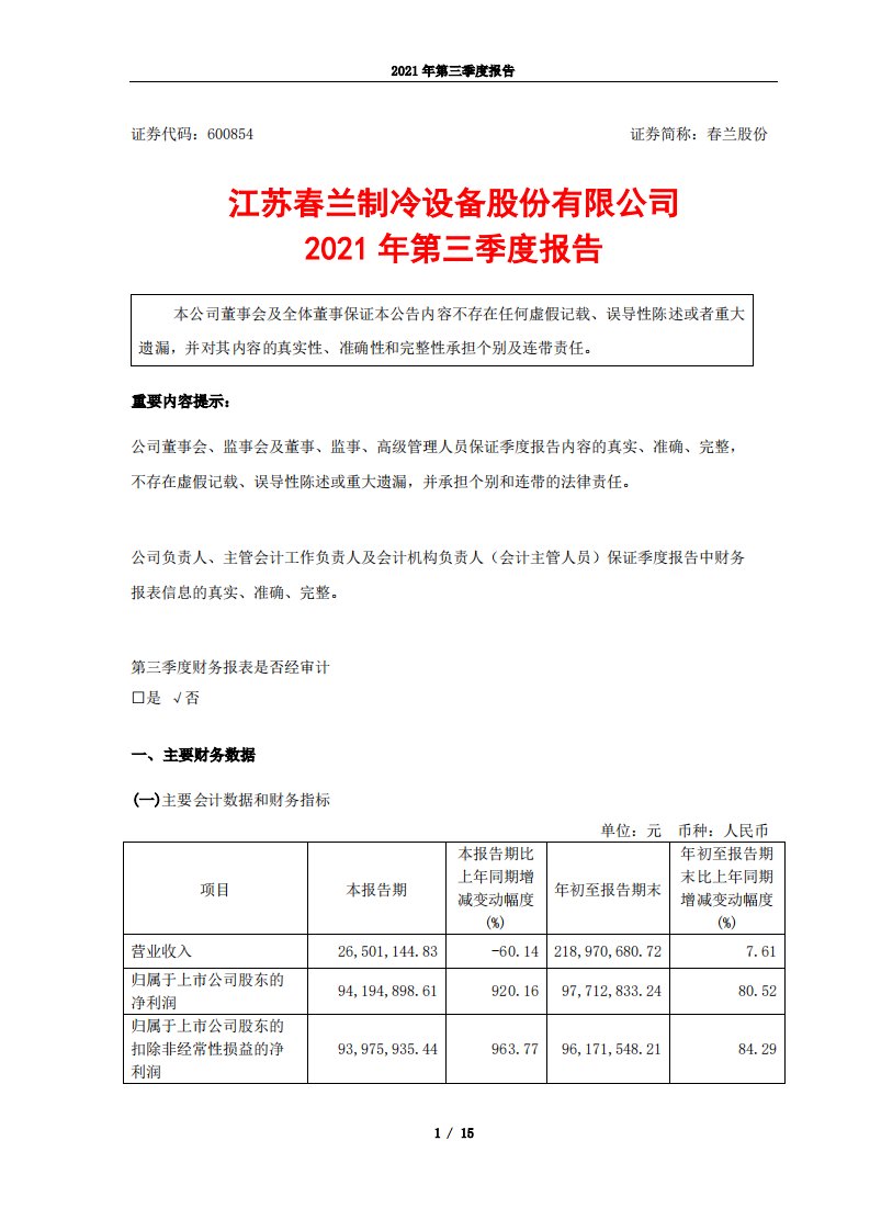 上交所-春兰股份2021年第三季度报告-20211029