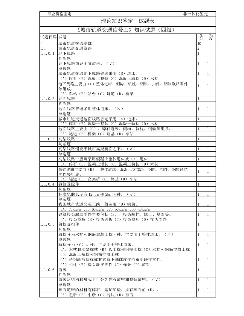 《城市轨道交通信号工》知识试题（四级）