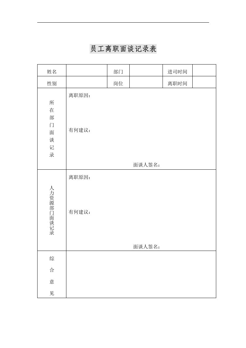 【管理精品】员工离职面谈记录表