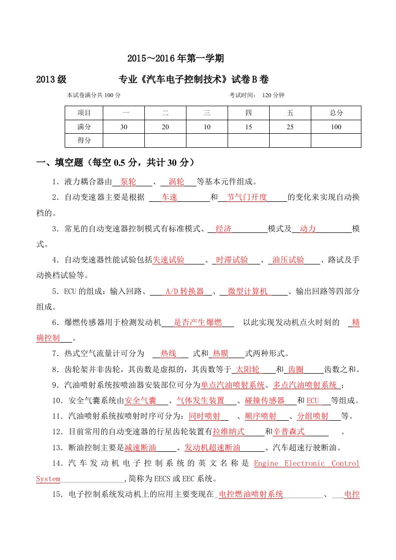 《汽车电子控制技术》试卷-含答案