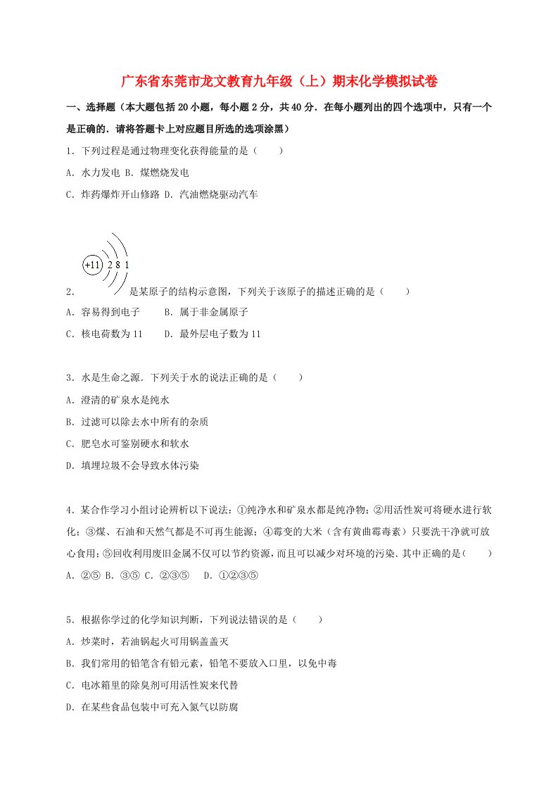 广东省东莞市龙文教育九级化学上学期期末模拟试题1（含解析）