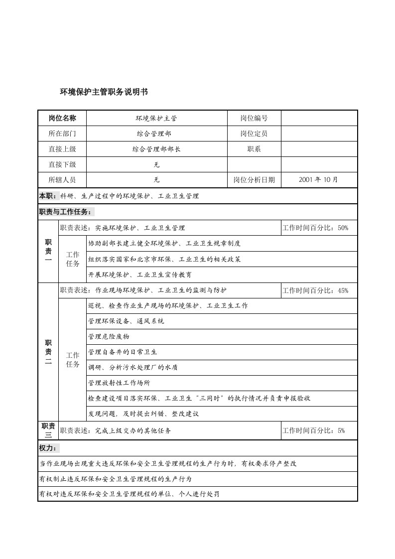 航材院综合管理部环境保护主管职务说明书