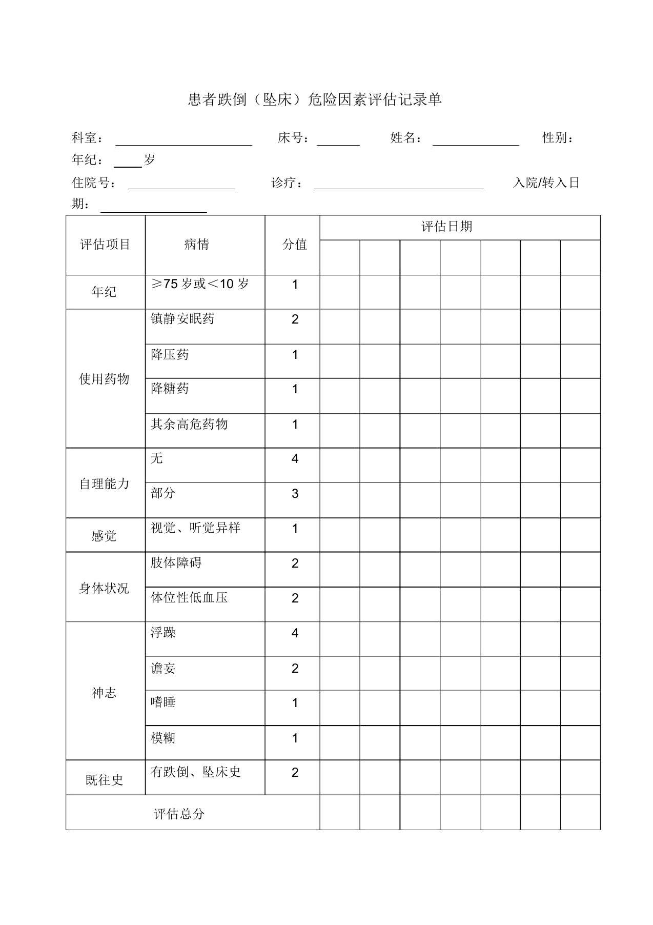 跌倒坠床危险因素评估记录表