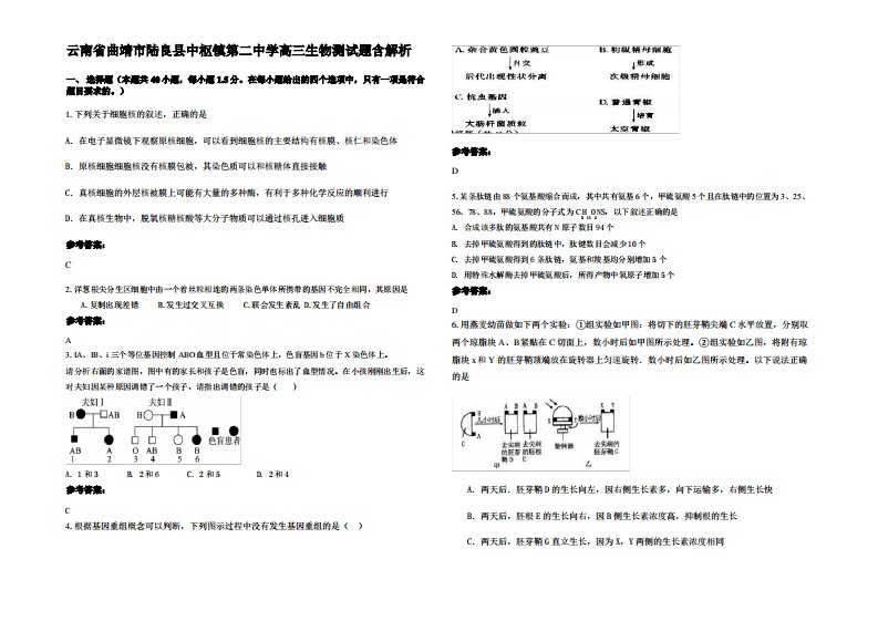 云南省曲靖市陆良县中枢镇第二中学高三生物测试题含解析