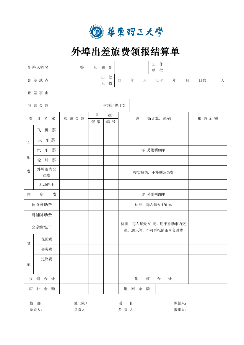 外埠出差旅费领报结算单