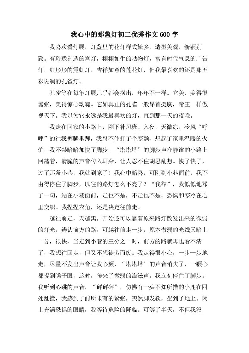 我心中的那盏灯初二优秀作文600字