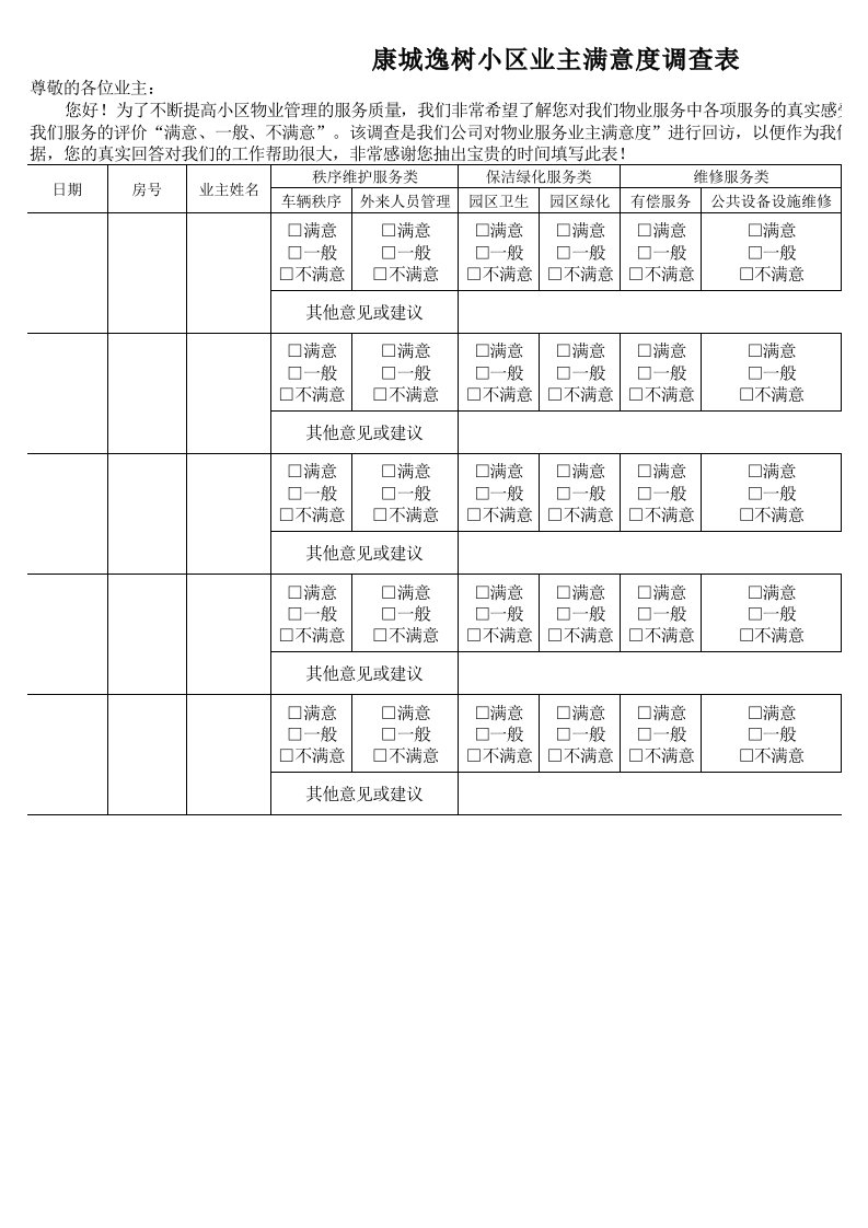 业主满意度调查表45529