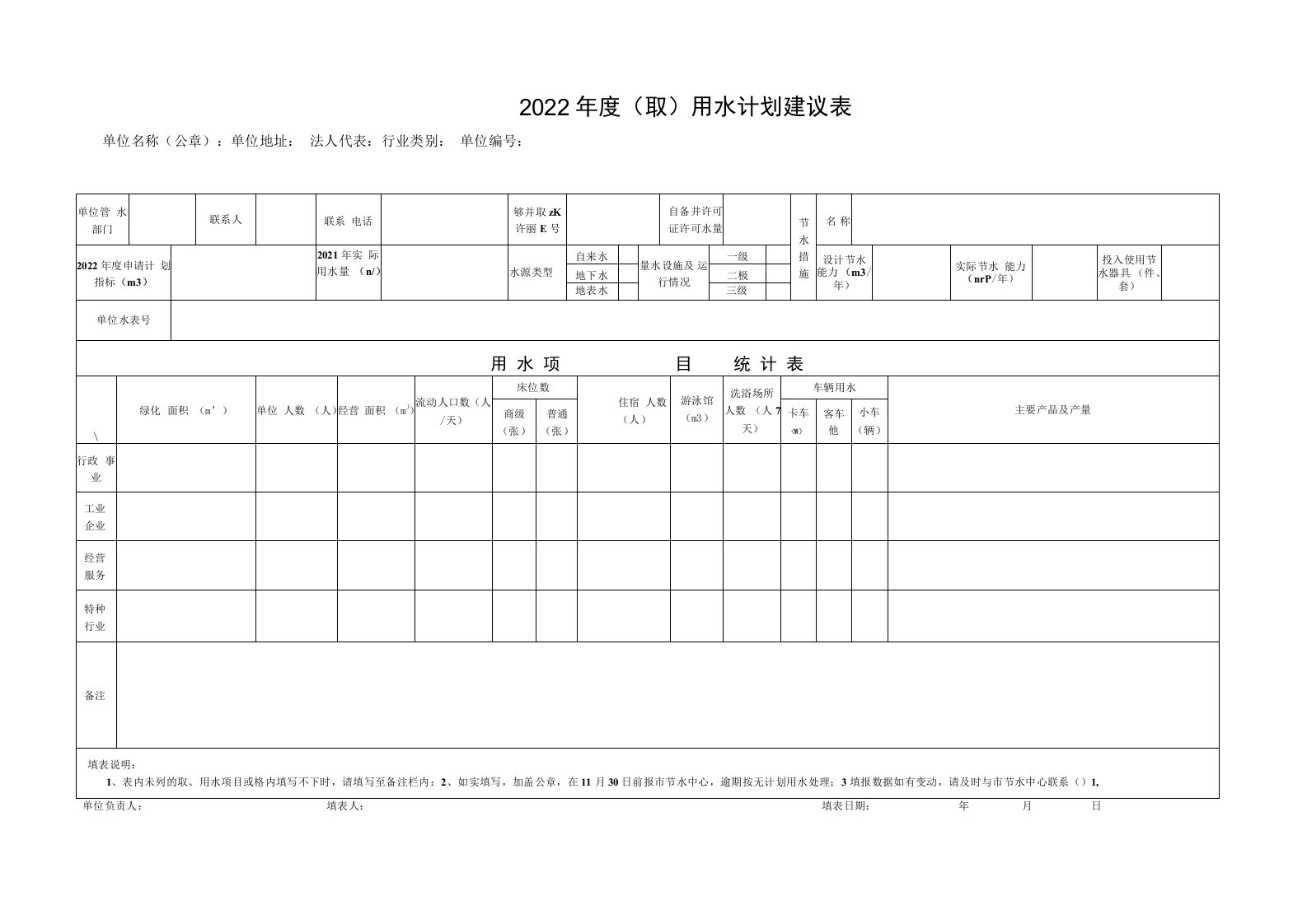 2022年度取用水计划建议表