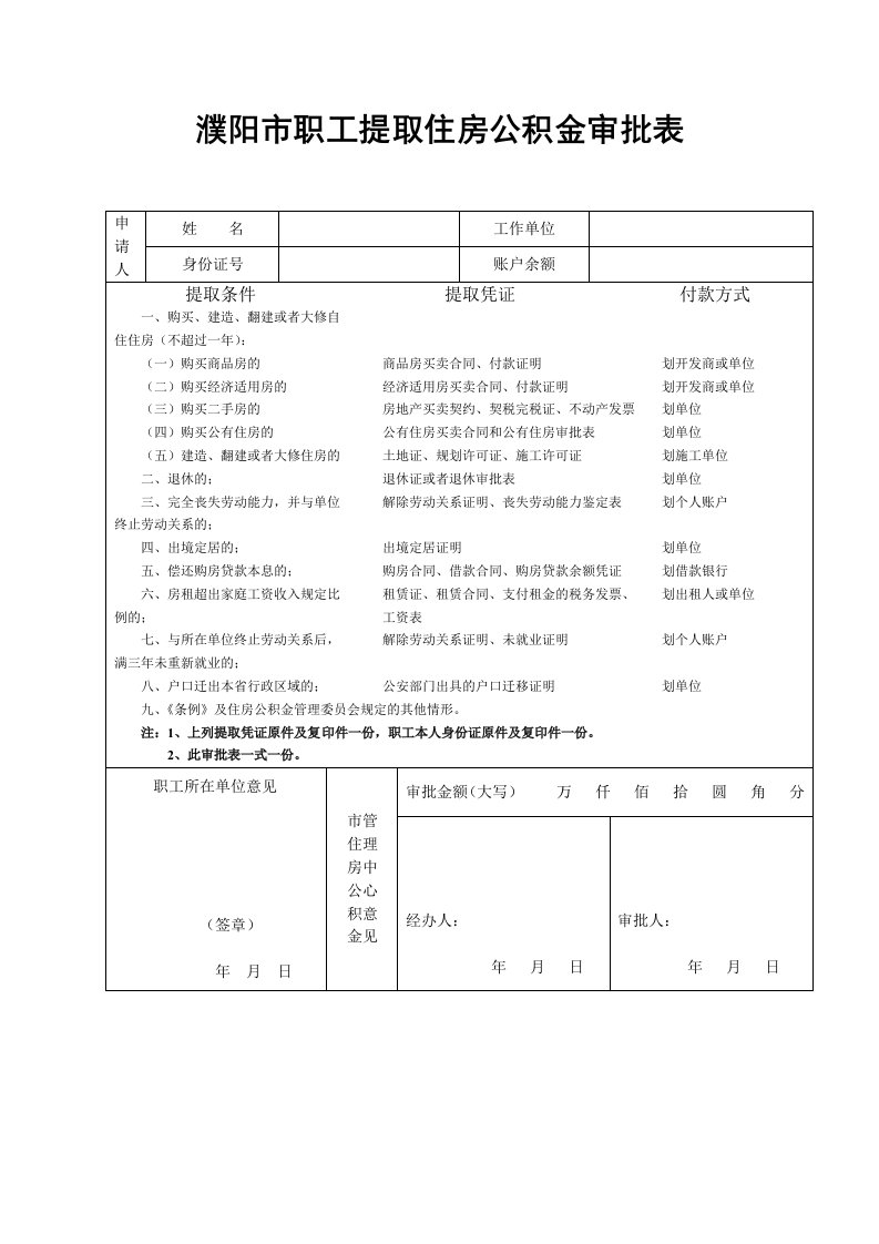 濮阳市职工提取住房公积金审批表