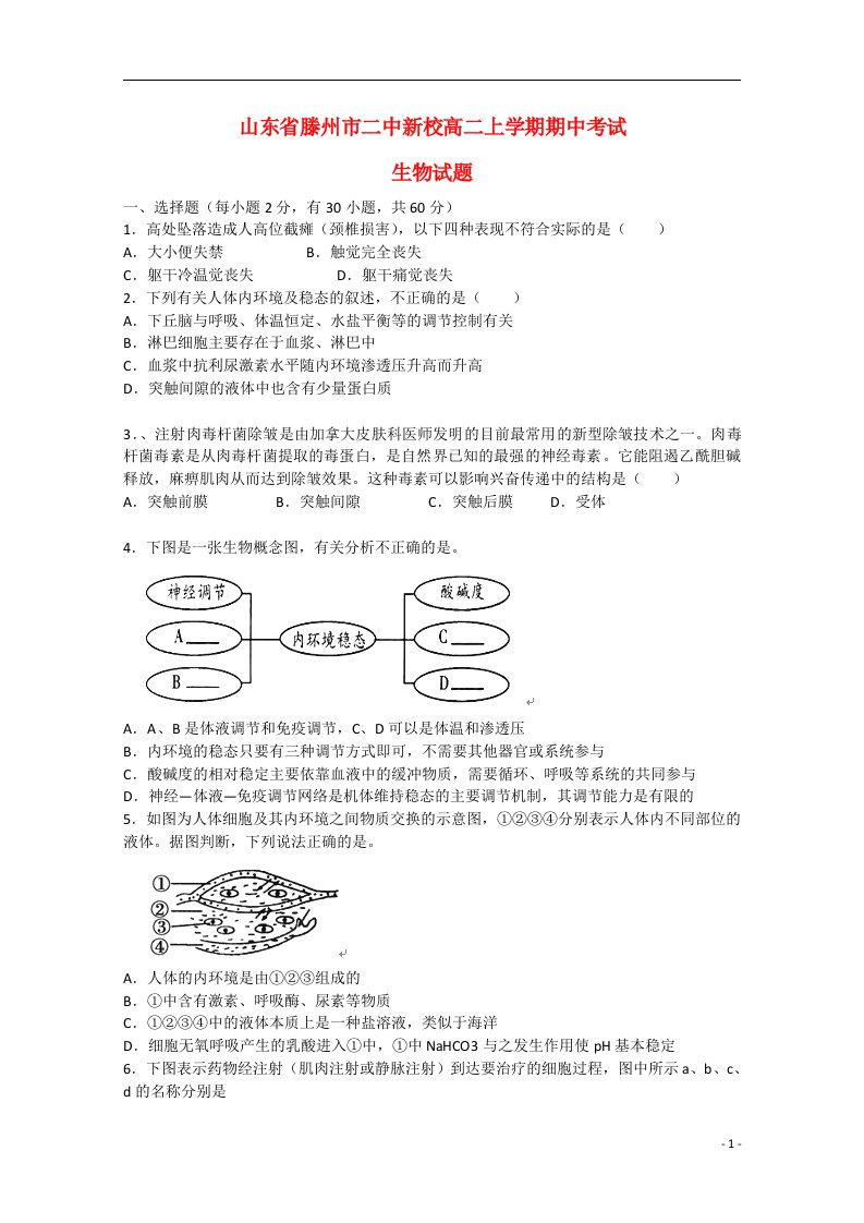 山东省滕州市二中新校高二生物上学期期中试题