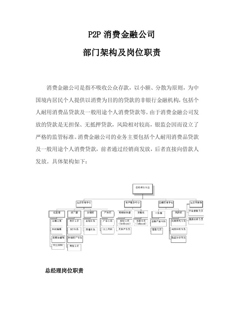 P2P消费金融公司部门架构及岗位职责