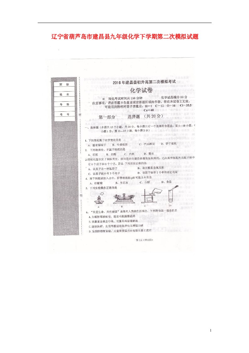 辽宁省葫芦岛市建昌县九级化学下学期第二次模拟试题（扫描版）