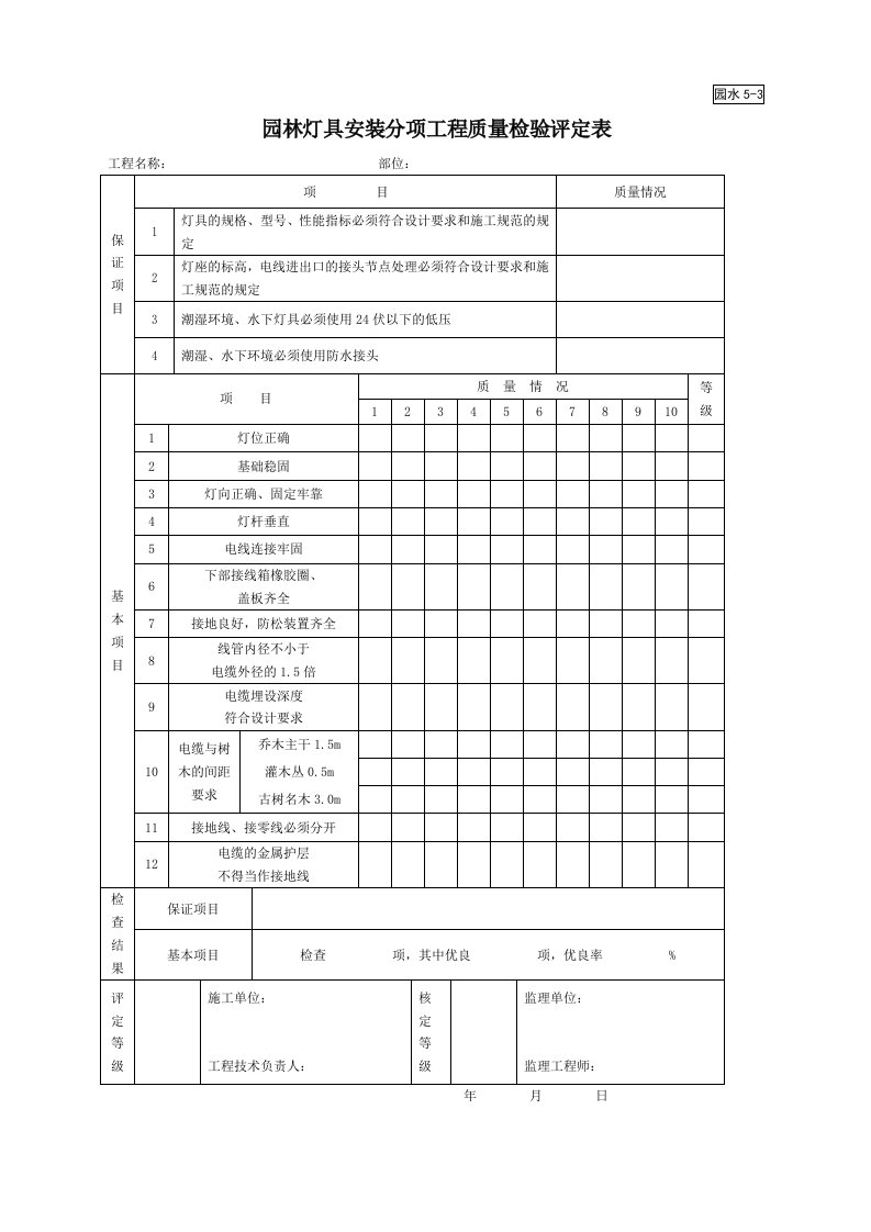 园水5-3园林灯具安装分项工程质量检验评定表