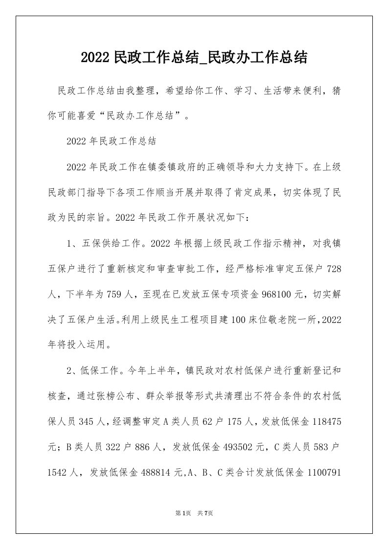 2022民政工作总结_民政办工作总结