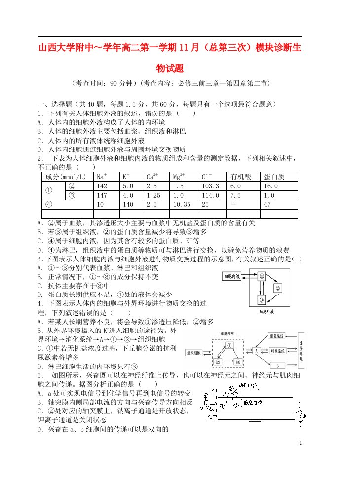 山西省山西大学附属中学高二生物上学期期中试题