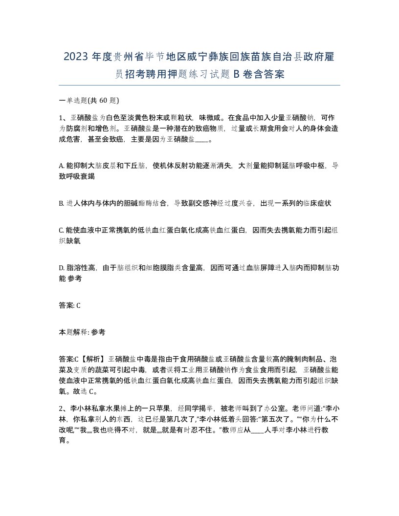 2023年度贵州省毕节地区威宁彝族回族苗族自治县政府雇员招考聘用押题练习试题B卷含答案