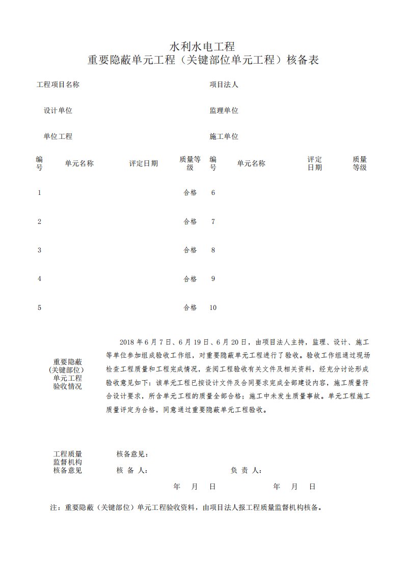 水利水电工程重要隐蔽单元工程核备表