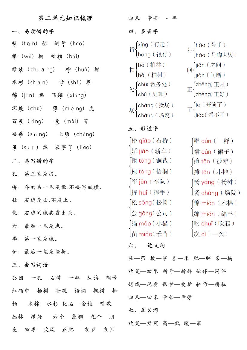 【小学语文】部编新人教版二年级语文上册第二单元知识梳理