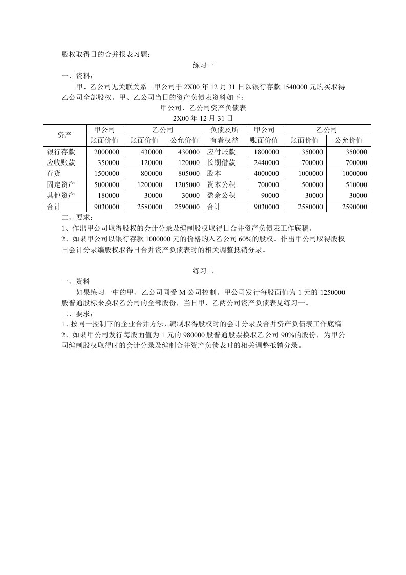 股权取得日的合并报表习题