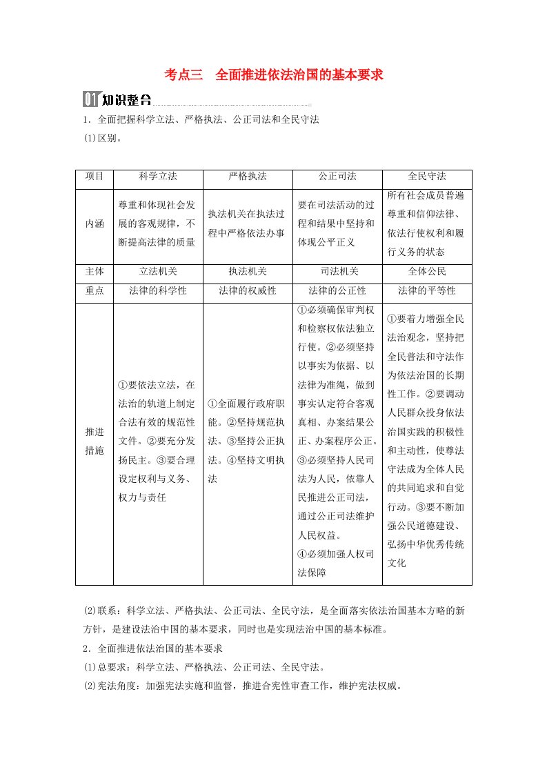 2024届高考政治二轮专题复习与测试必修部分专题六全面依法治国考点三全面推进依法治国的基本要求