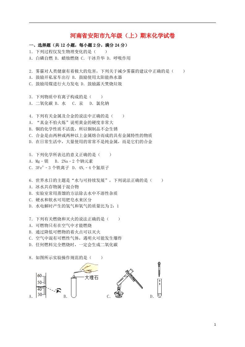 河南省安阳市九级化学上学期期末试题（含解析）