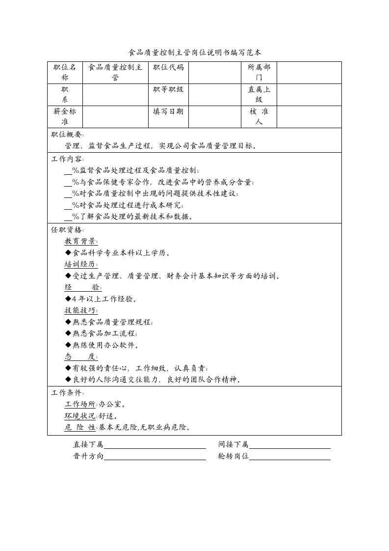 食品质量控制主管岗位说明书编写范本