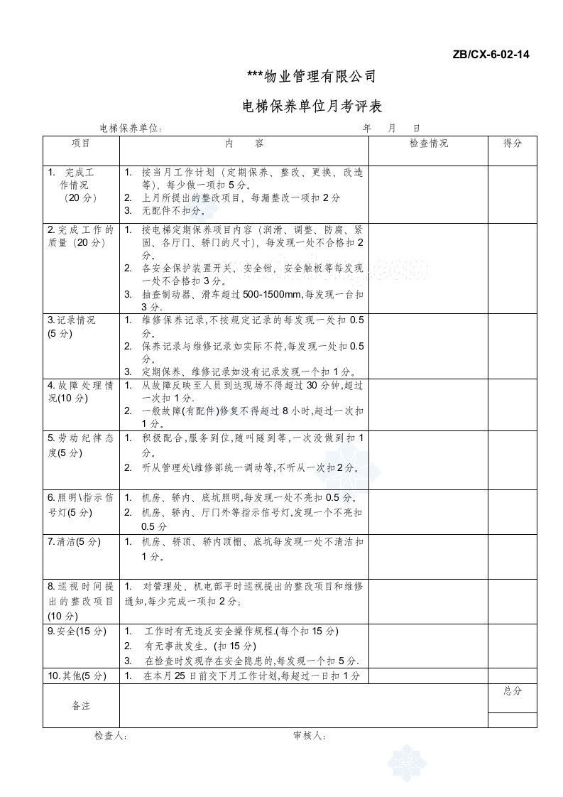 建筑资料-电梯保养单位月考评表_secret