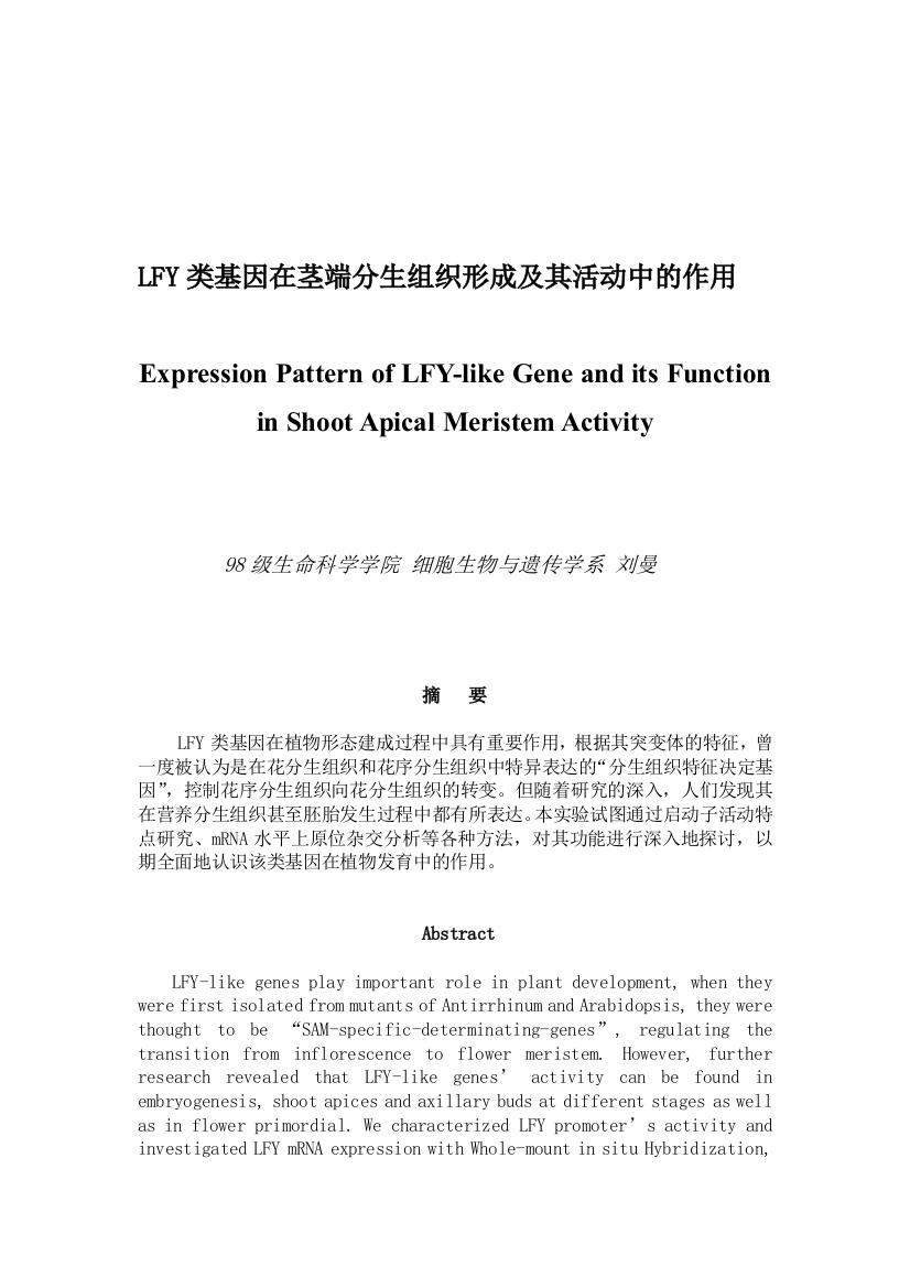 LFY类基因在茎端分生组织形成及其活动中的作用