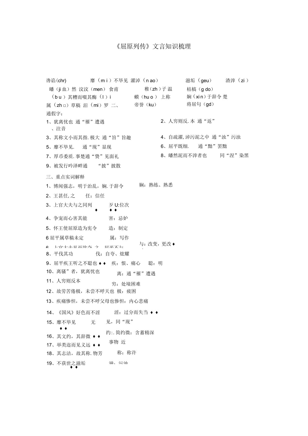 屈原列传知识梳理