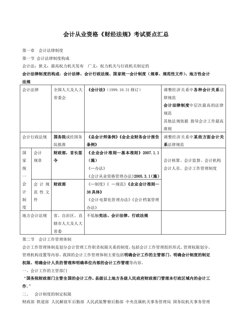 会计从业资格《财经法规》考试要点汇总