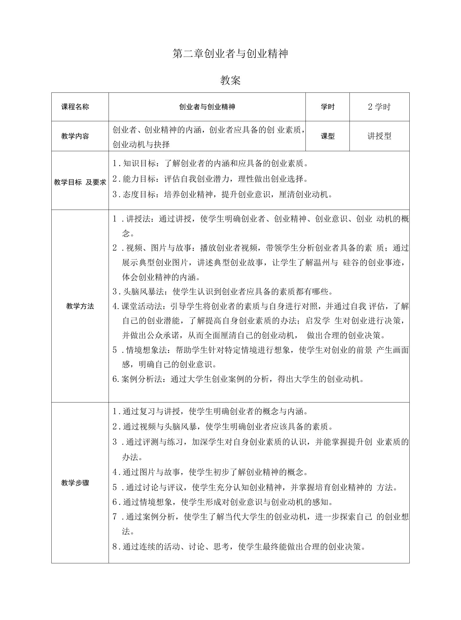 第二章创业者与创业精神教案