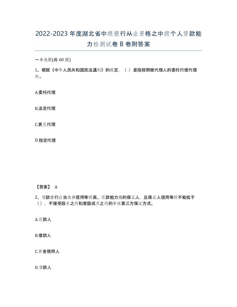 2022-2023年度湖北省中级银行从业资格之中级个人贷款能力检测试卷B卷附答案