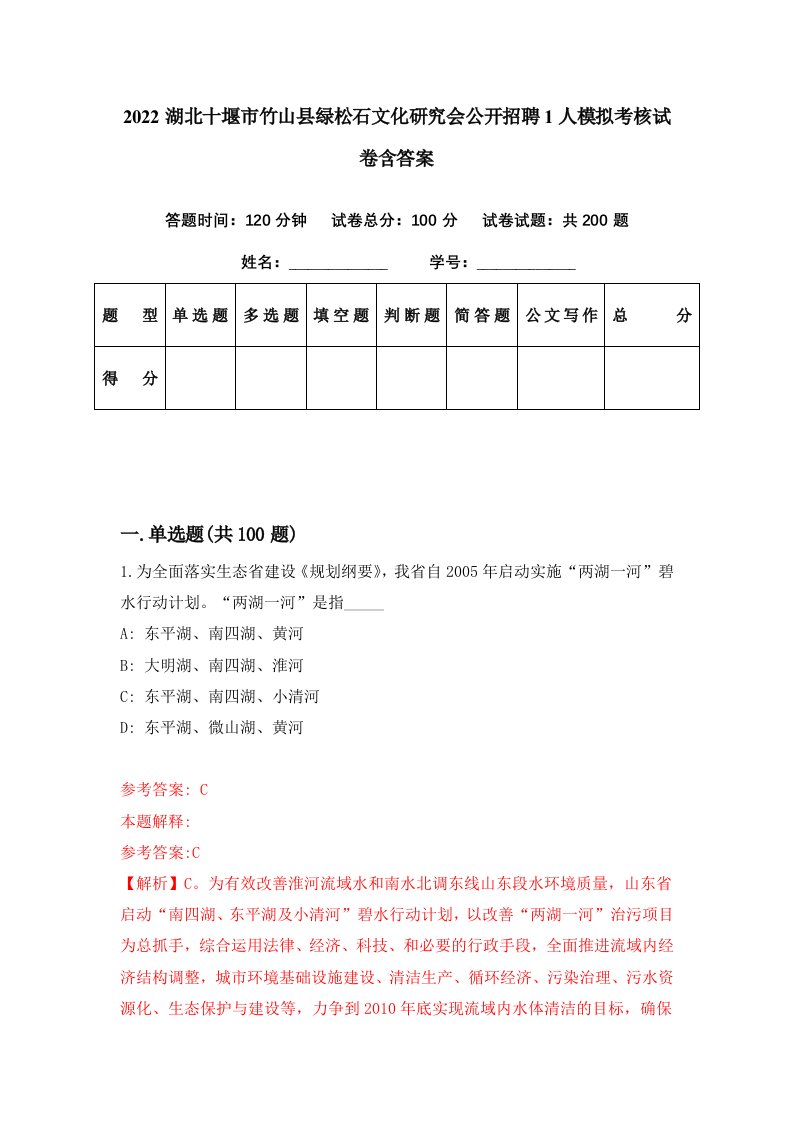 2022湖北十堰市竹山县绿松石文化研究会公开招聘1人模拟考核试卷含答案2