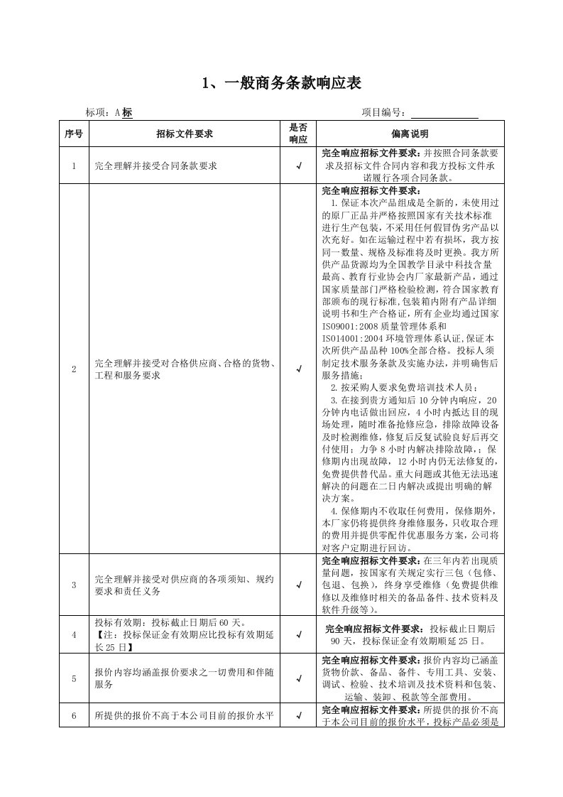 一般商务条款响应表