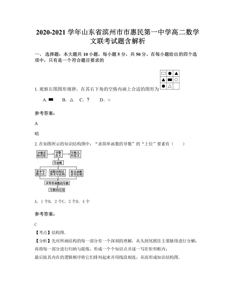 2020-2021学年山东省滨州市市惠民第一中学高二数学文联考试题含解析