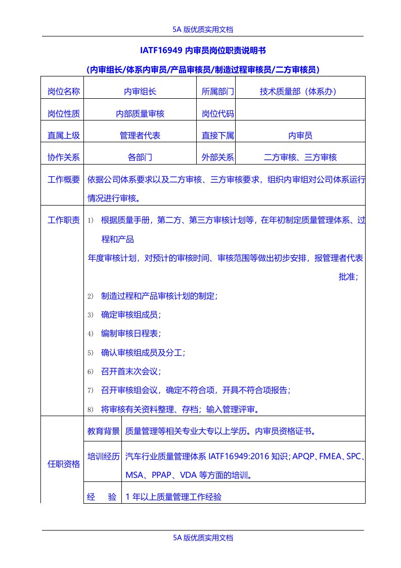 【5A文】IATF16949内审员岗位职责说明书