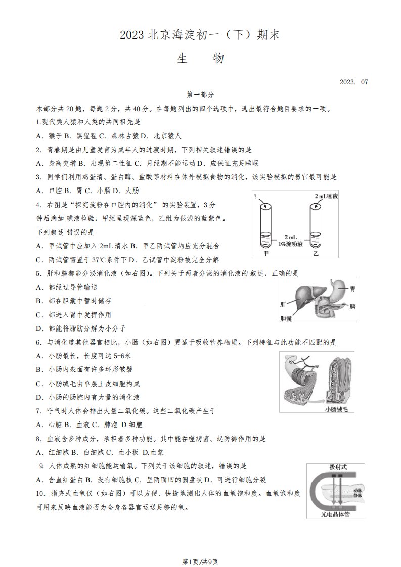 2023北京海淀初一(下)期末生物试卷含答案