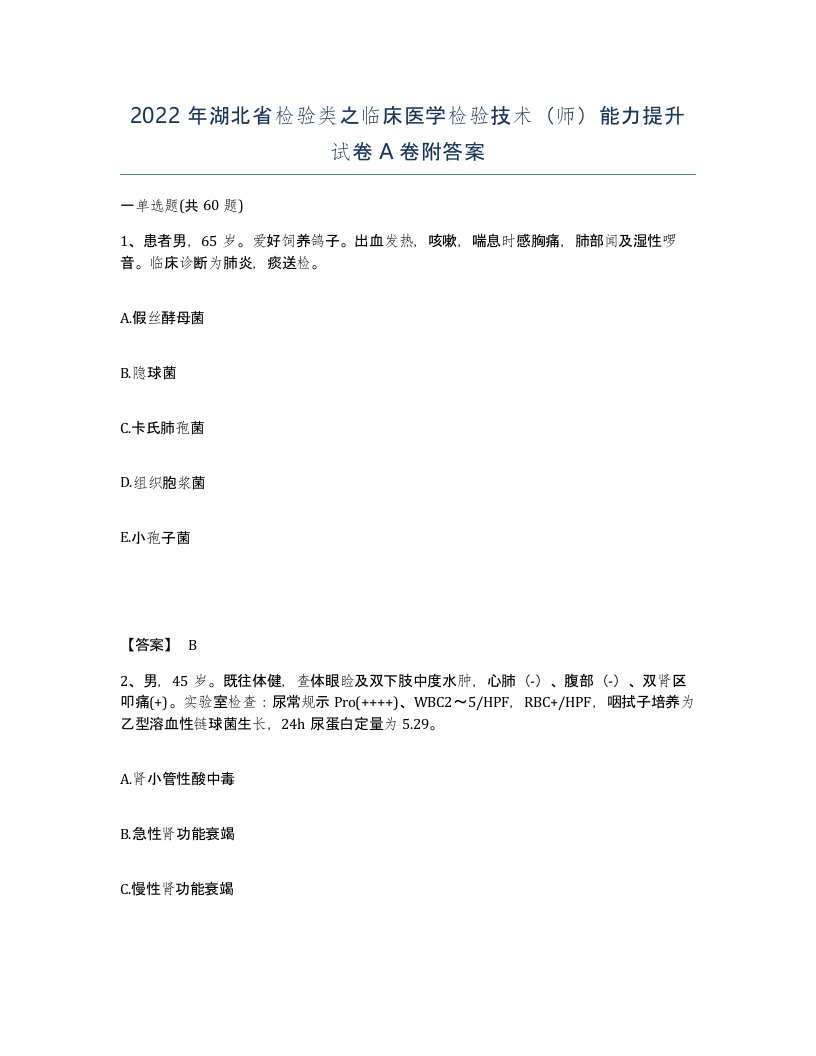 2022年湖北省检验类之临床医学检验技术师能力提升试卷A卷附答案