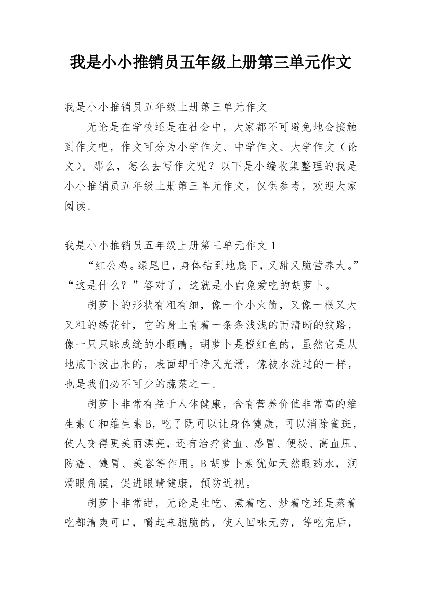 我是小小推销员五年级上册第三单元作文