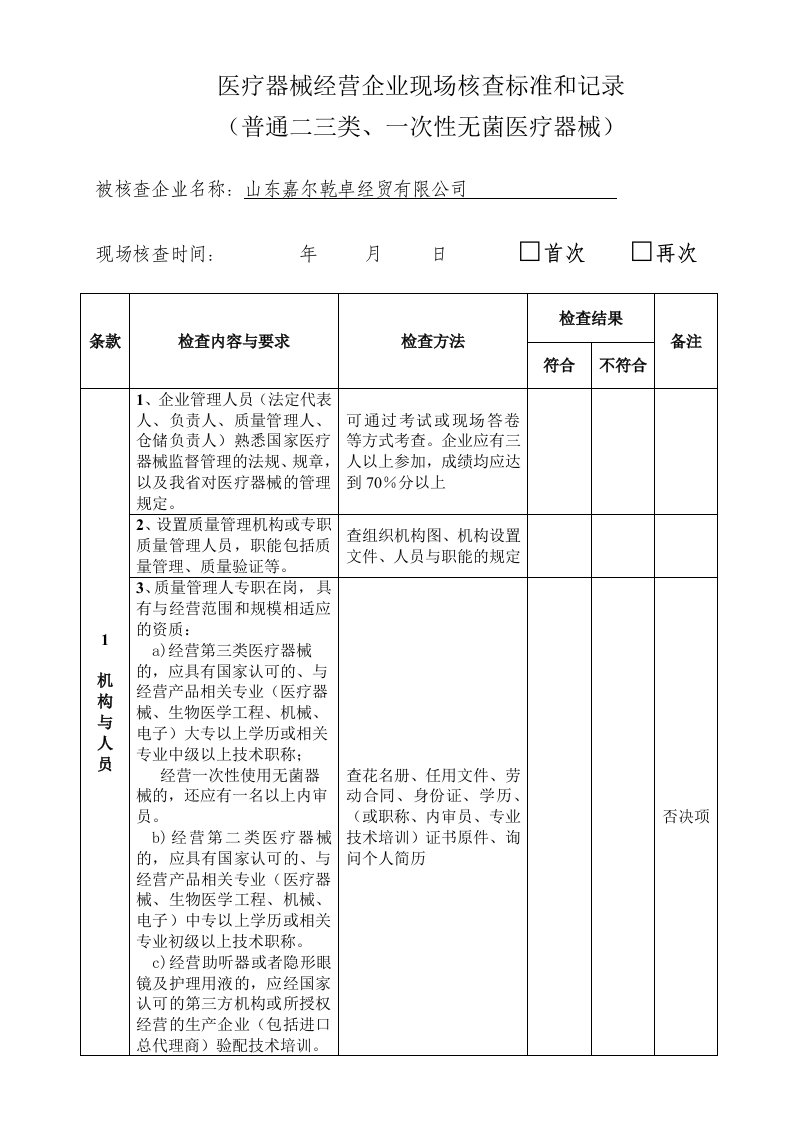 医疗器械现场核查标准和记录23类