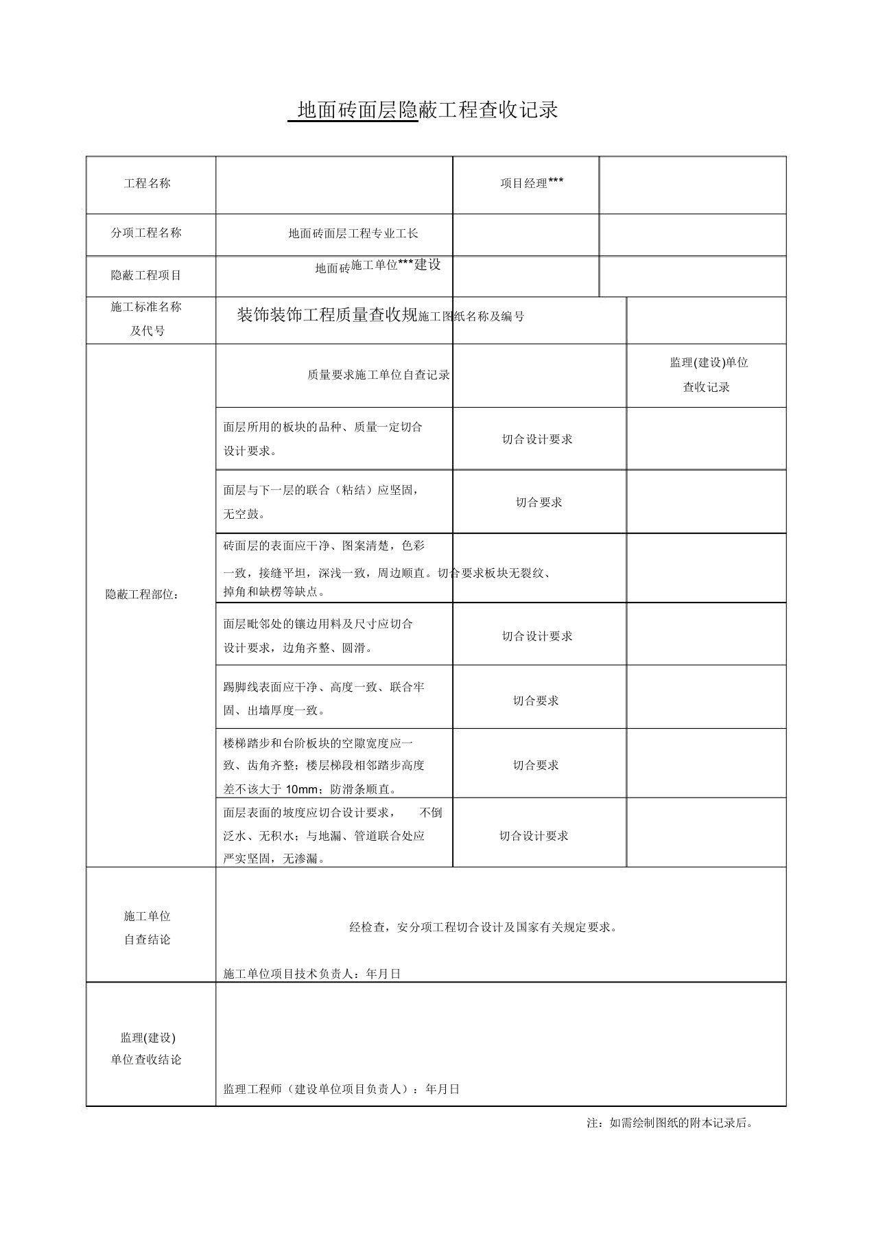 装饰装修隐蔽工程验收记录表