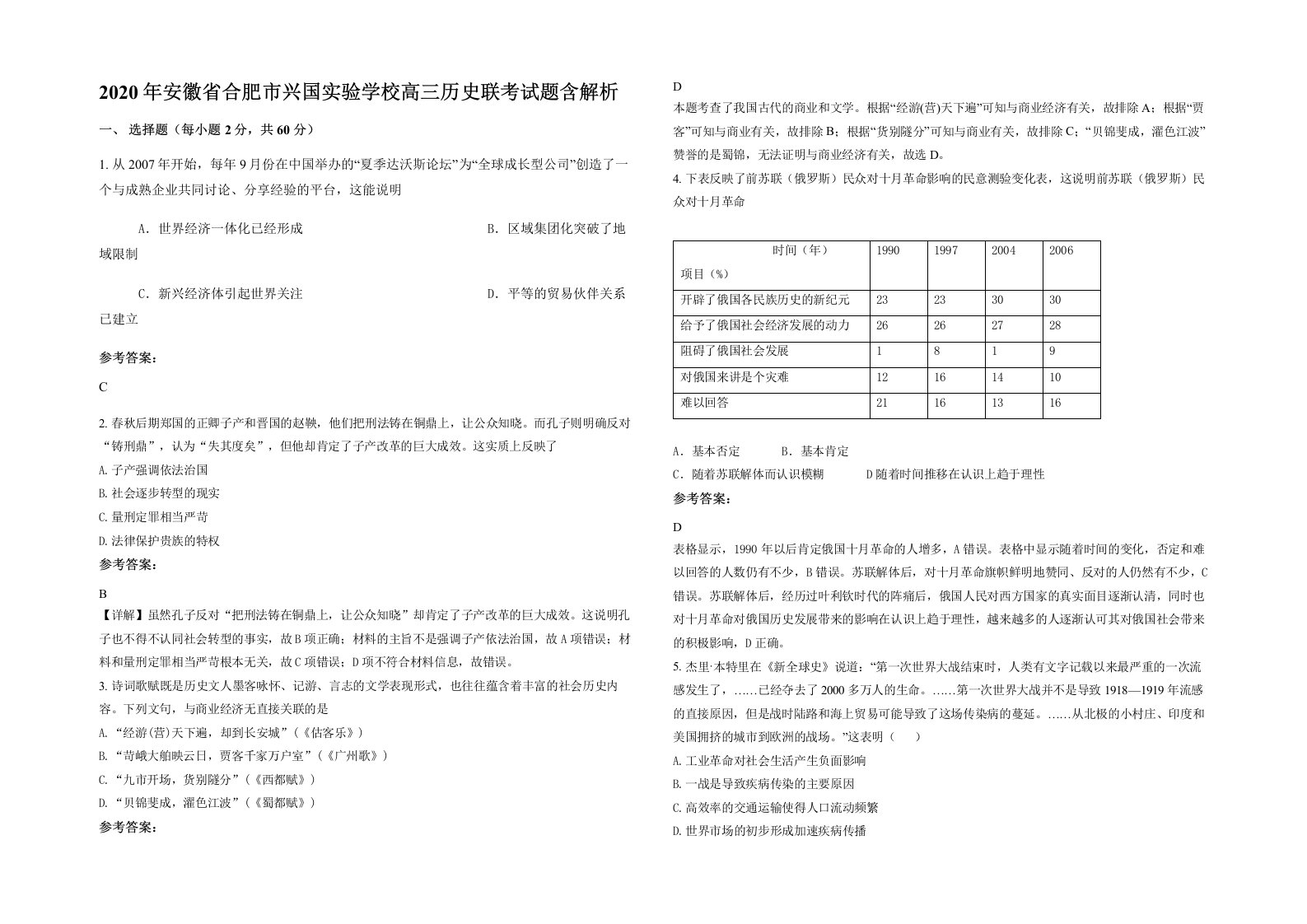 2020年安徽省合肥市兴国实验学校高三历史联考试题含解析