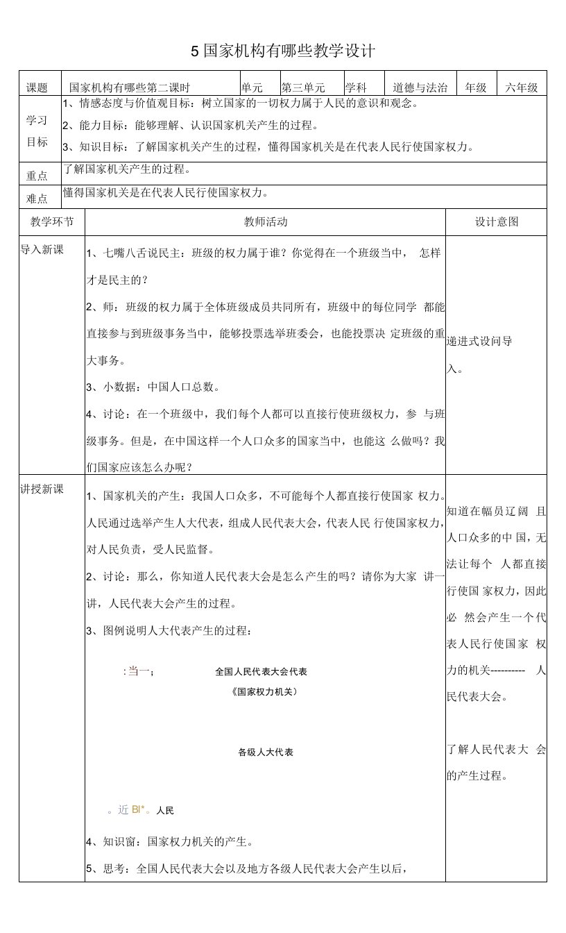 小学道德与法治人教六年级上册第三单元我们的国家机构-国家机构有哪些--第二课时教案