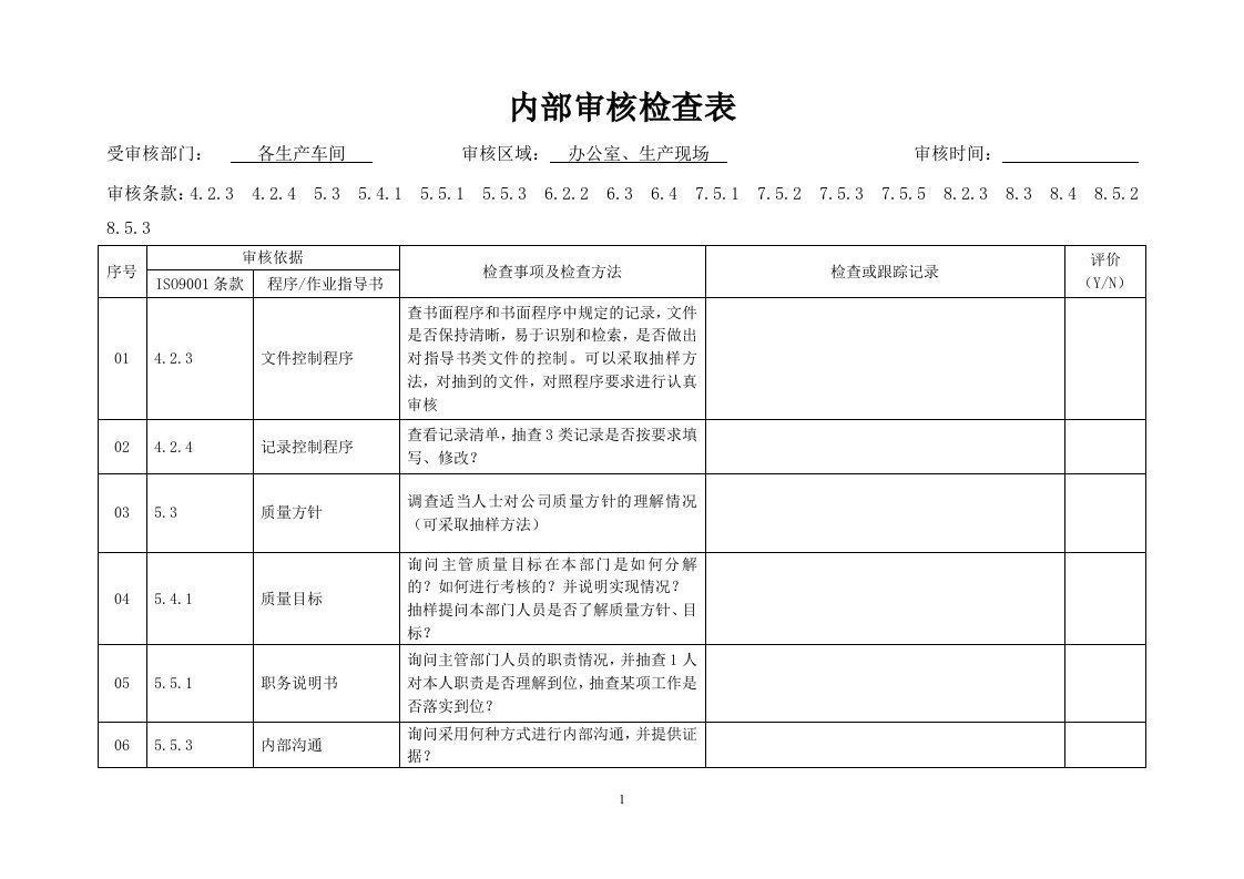 各生产车间内审检查表