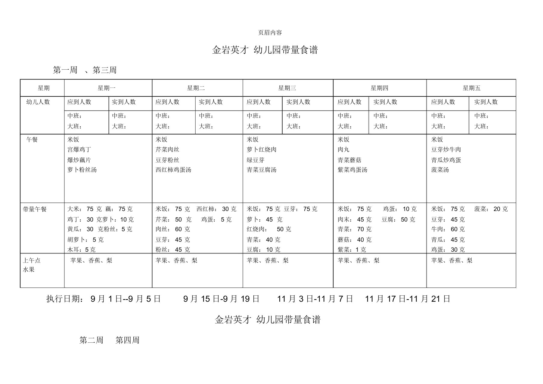 幼儿园带量食谱表